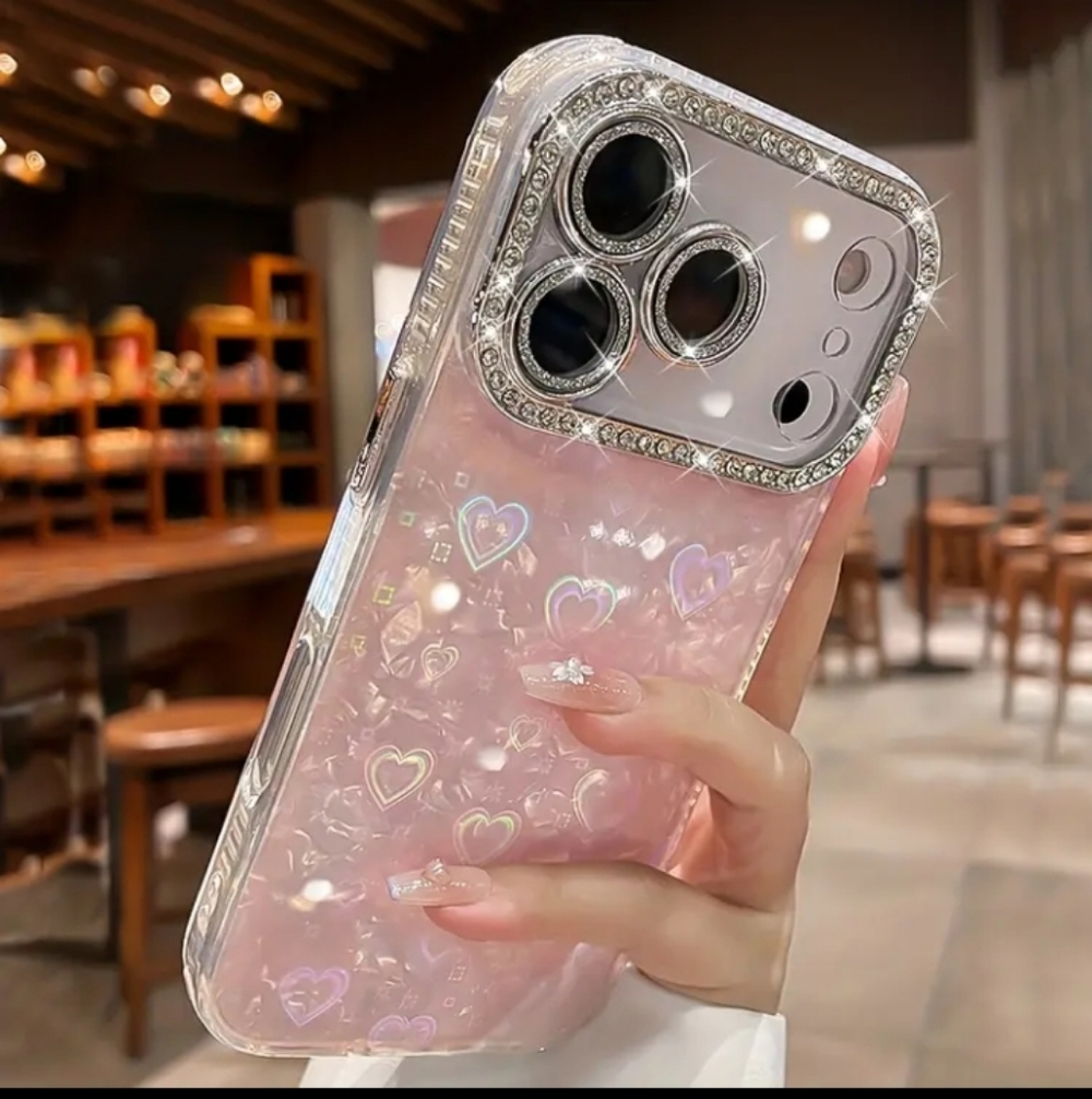 iPhone 13 Pro Pink Glitter Heart Transparent Shockproof Silicone Back Case